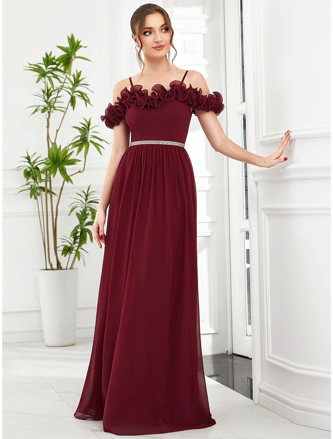 Weitese A-Line Prom Dresses Vintage Dress Wedding Guest Birthday Floor Length Sleeveless Off Shoulder Bridesmaid Dress Chiffon with Appliques Shouder Flower