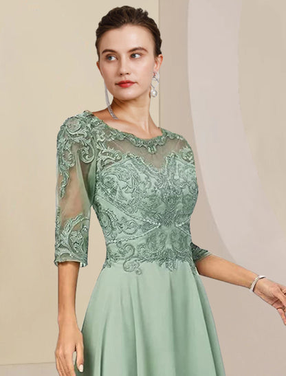 Weitese  Two Piece A-Line Mother of the Bride Dress Formal Wedding Guest Elegant High Low Scoop Neck Asymmetrical Tea Length Chiffon Lace Half Sleeve Wrap Included with Beading Appliques