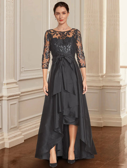 Weitese A-Line Mother of the Bride Dress Formal Wedding Guest Elegant Black Dress Jewel Neck Asymmetrical Lace Italy Satin 3/4 Length Sleeve with Lace Bow(s) Sequin