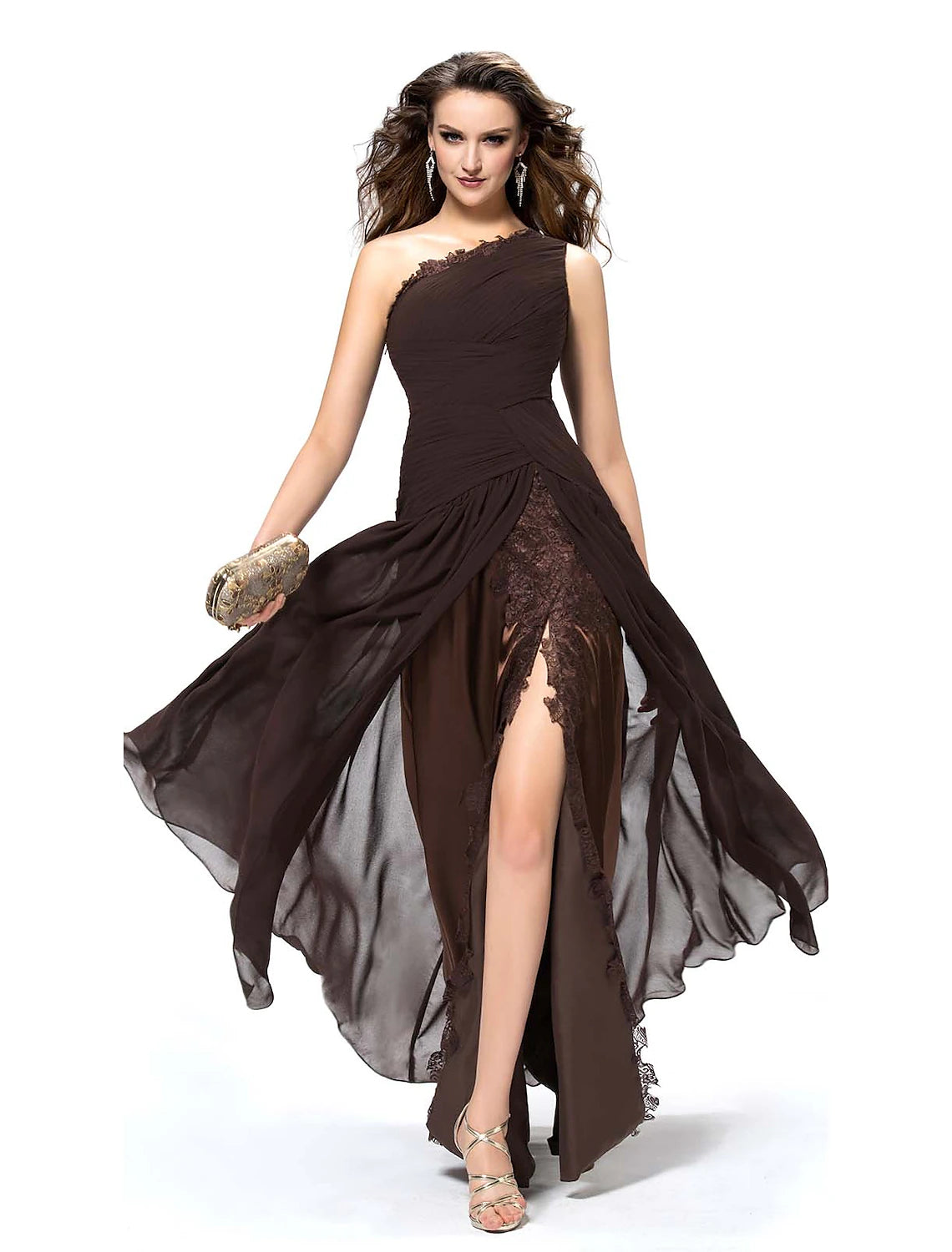 Weitese A-Line Elegant Sexy Party Wear Formal Evening Dress One Shoulder Backless Sleeveless Floor Length Chiffon with Slit Lace Insert