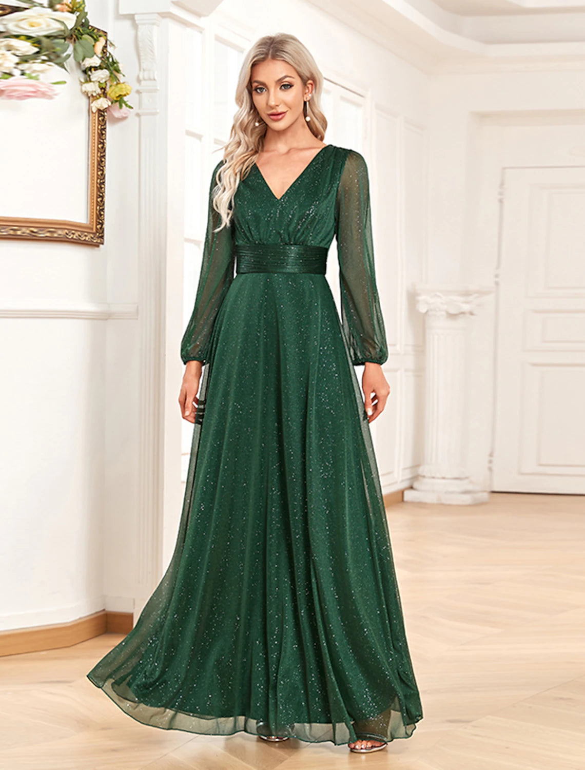 Weitese A-Line Evening Gown Sparkle & Shine Dress Formal Wedding Party Dress Floor Length Long Sleeve V Neck Chiffon with Sequin