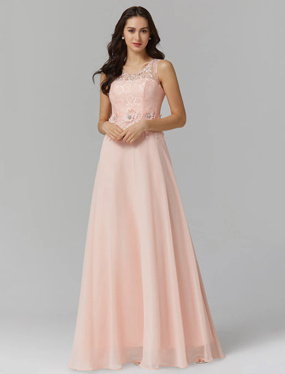 Weitese A-Line Empire Dress Valentine's Day Wedding Guest Floor Length Sleeveless Illusion Neck Bridesmaid Dress Chiffon with Beading Appliques