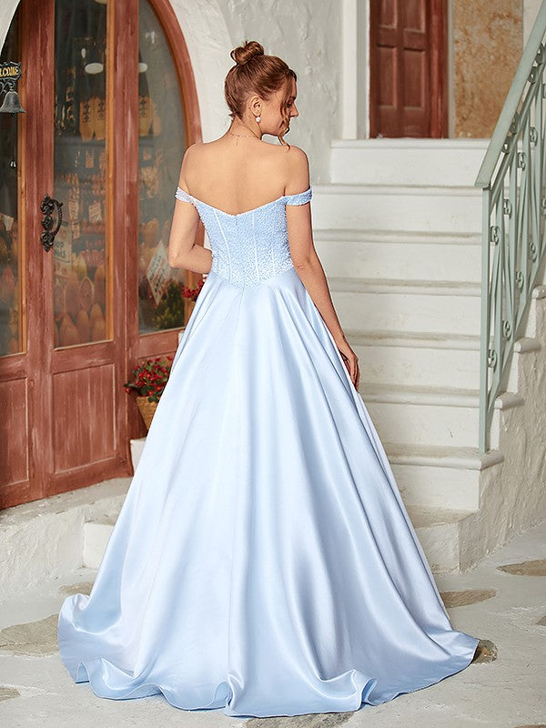 Weitese Ball Gown Satin Beading Off-the-Shoulder Sleeveless Sweep/Brush Train Dresses