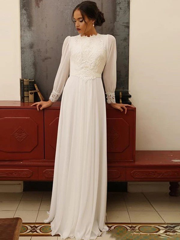 Weitese A-Line/Princess Chiffon Lace Jewel Long Sleeves Floor-Length Wedding Dresses