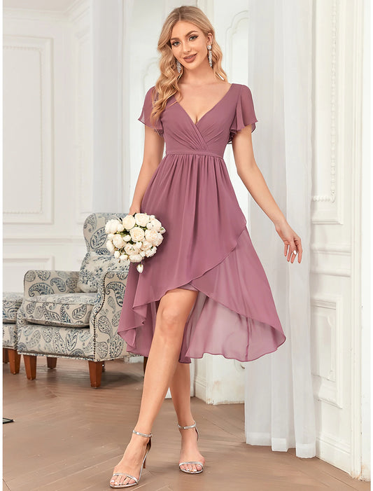 Weitese A-Line Bridesmaid Dress Plunging Neck Sleeveless Elegant Asymmetrical / Short / Mini Chiffon with Pleats / Cascading Ruffles / Solid Color