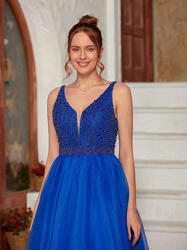 Weitese A-Line/Princess Organza Beading V-neck Sleeveless Floor-Length Dresses