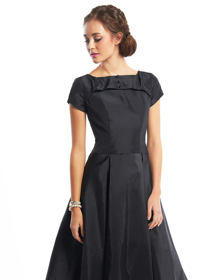 Weitese A-Line Black Dress Vintage Homecoming Wedding Guest Tea Length Short Sleeve Boat Neck Taffeta with Buttons