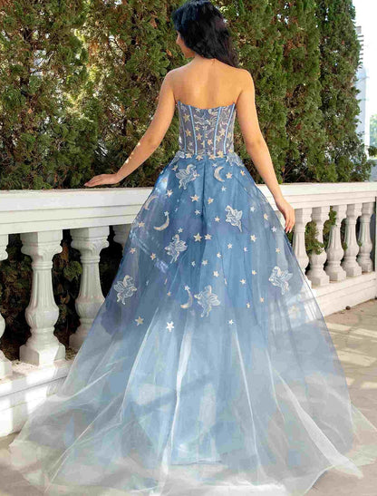 Weitese Ball Gown Prom Dresses Luxurious Dress Wedding Guest Wedding Party Court Train Sleeveless Strapless Lace with Sequin Appliques