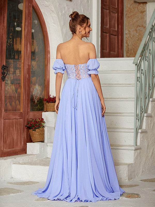 Weitese A-Line/Princess Chiffon Lace Sweetheart Short Sleeves Floor-Length Dresses