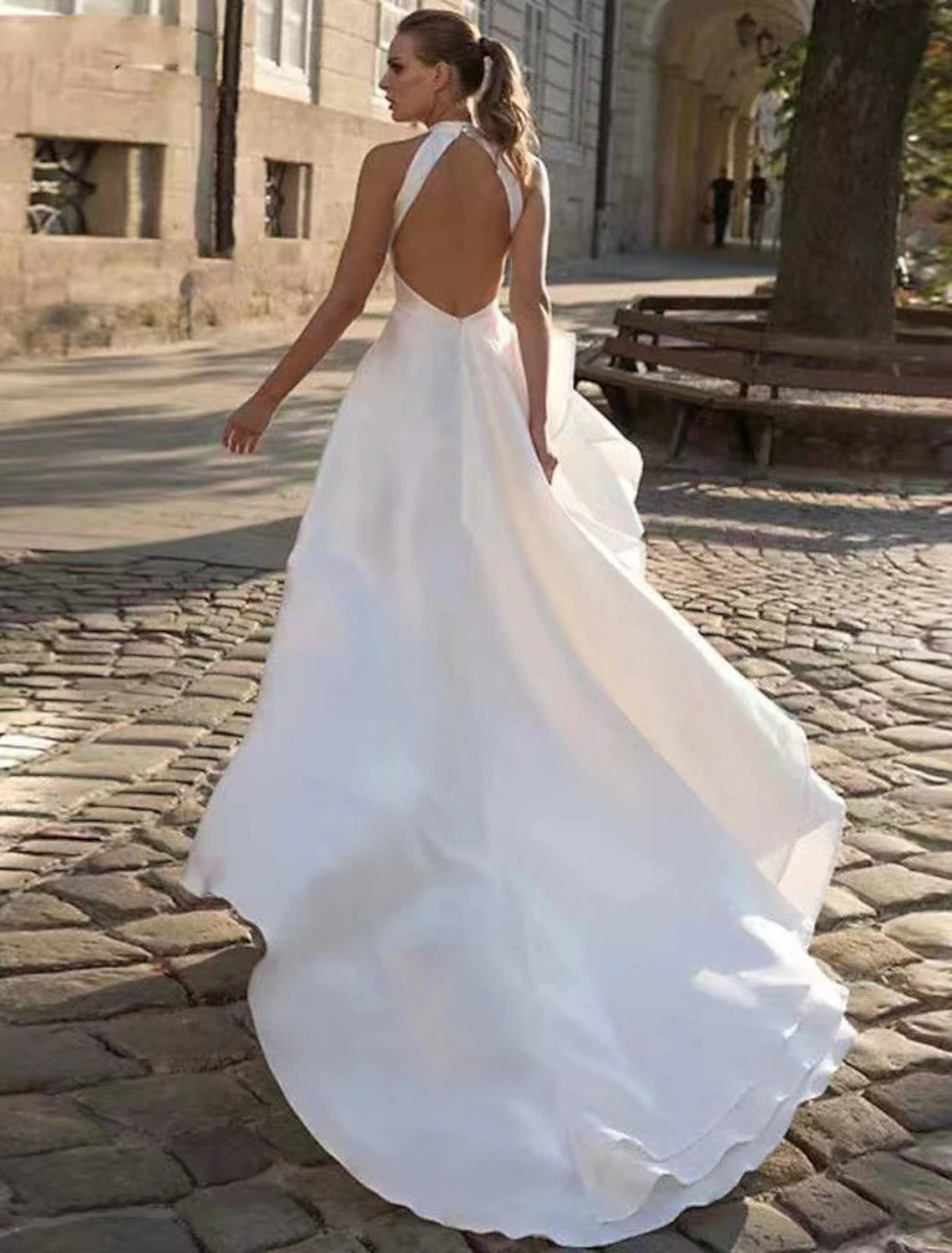 Weitese Reception Open Back Casual Wedding Dresses A-Line Halter Sleeveless Court Train Satin Bridal Gowns With Solid Color Summer Fall Wedding Party