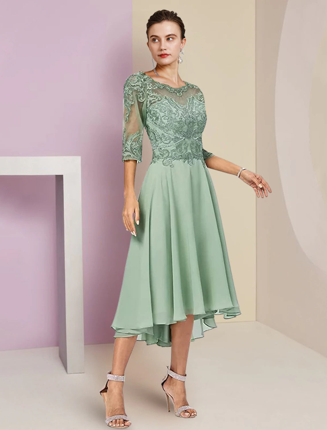 Weitese  Two Piece A-Line Mother of the Bride Dress Formal Wedding Guest Elegant High Low Scoop Neck Asymmetrical Tea Length Chiffon Lace Half Sleeve Wrap Included with Beading Appliques