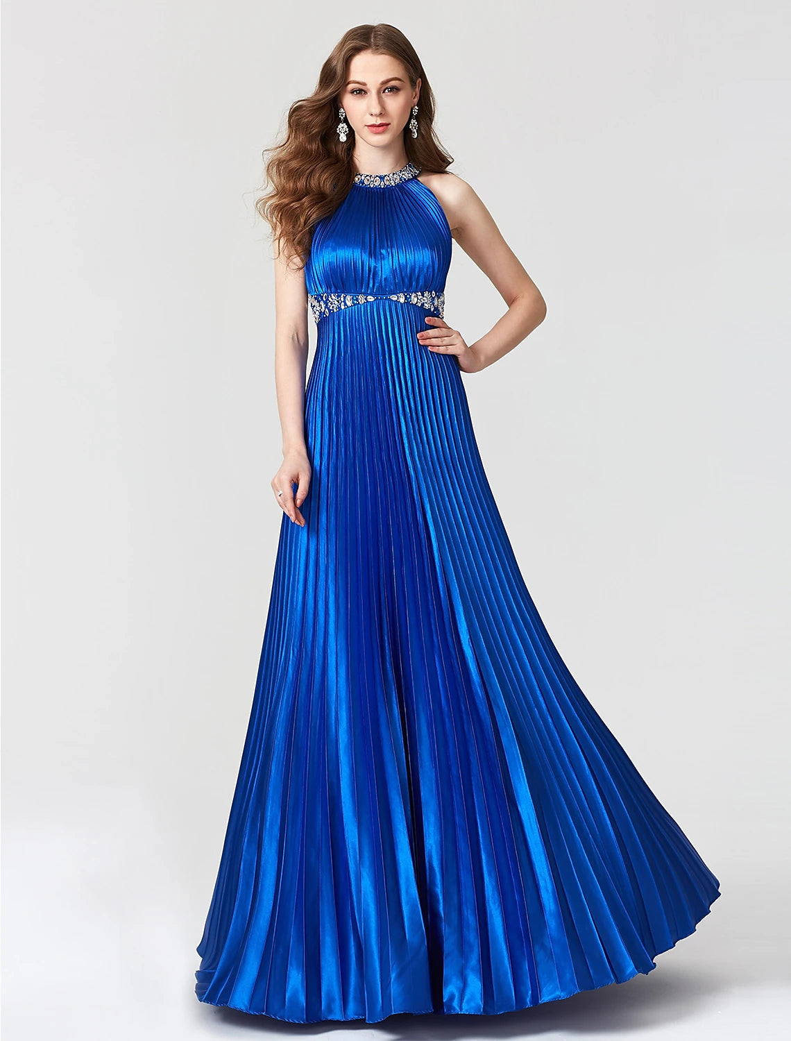 Weitese A-Line Beautiful Back Dress Holiday Cocktail Party Floor Length Sleeveless Jewel Neck Satin with Pleats Beading