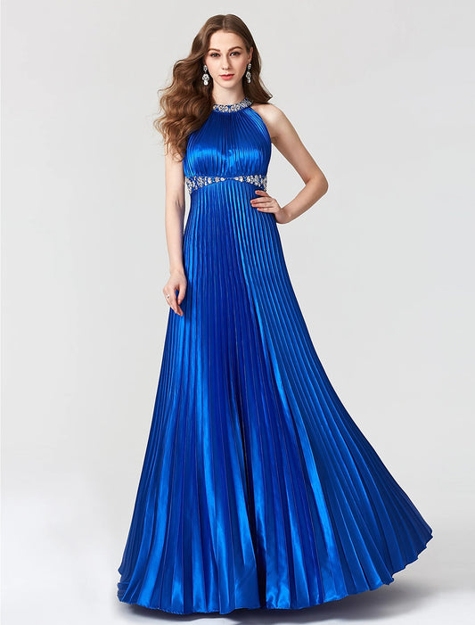 Weitese A-Line Beautiful Back Dress Holiday Cocktail Party Floor Length Sleeveless Jewel Neck Satin with Pleats Beading