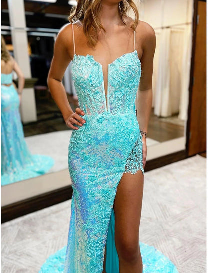 Weitese Mermaid / Trumpet Prom Dresses High Split Dress Formal Wedding Party Court Train Sleeveless V Neck Sequined with Slit Appliques