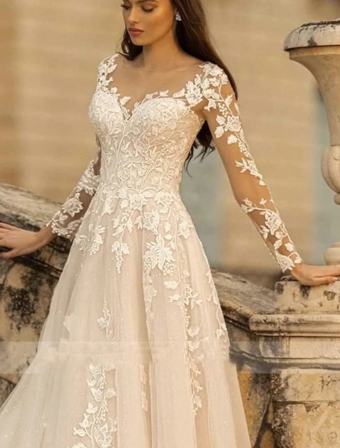 Beach Formal Wedding Dresses A-Line V Neck Long Sleeve Sweep / Brush Train Lace Bridal Gowns