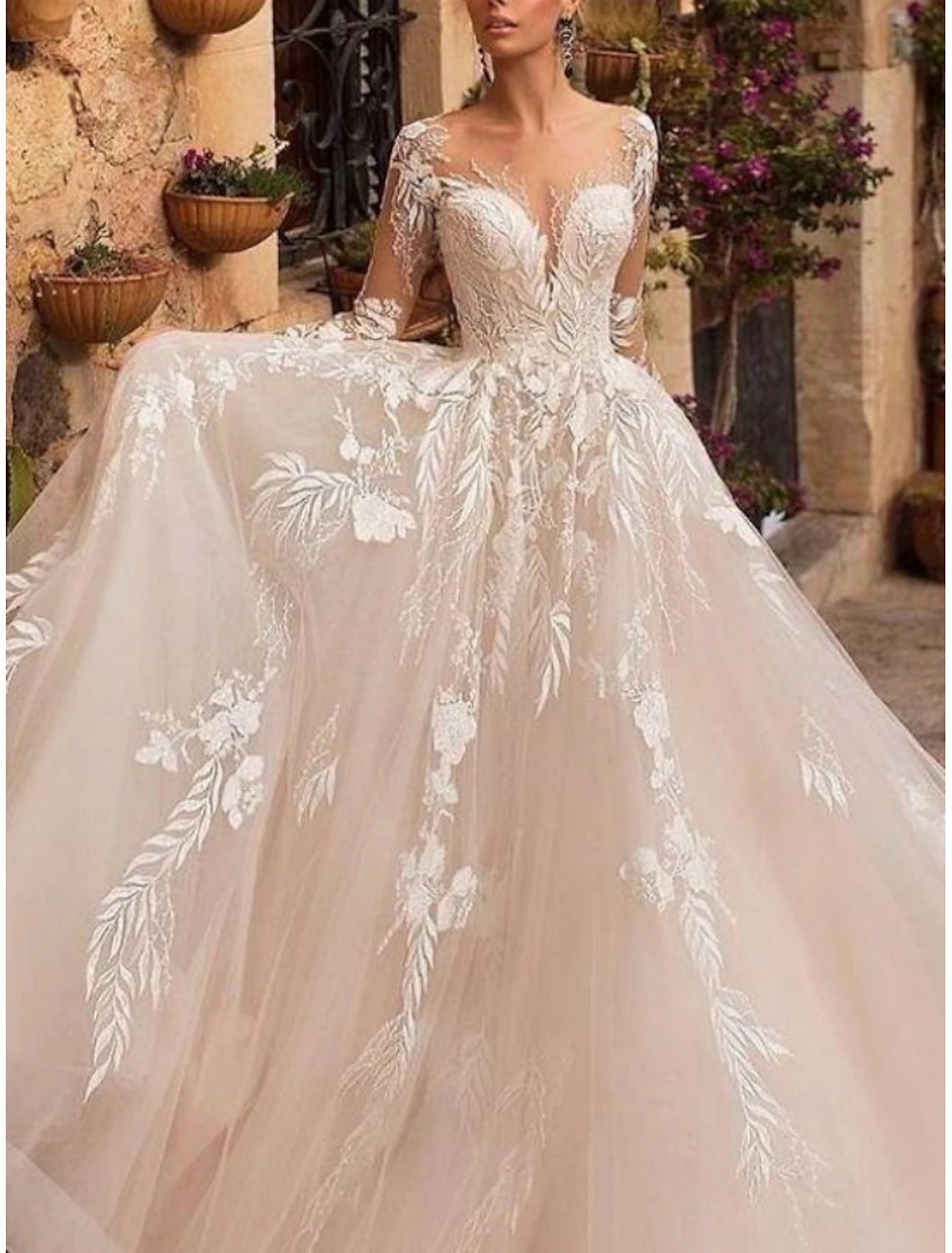 Formal Wedding Dresses A-Line V Neck Long Sleeve Court Train Tulle Bridal Gowns