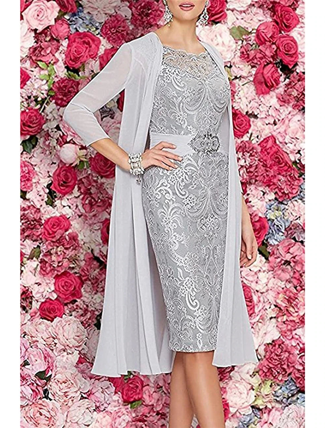 Two Piece Sheath / Column Mother of the Bride Dress Formal Wedding Guest Elegant Scoop Neck Knee Length Chiffon Lace Sleeveless Jacket Dresses