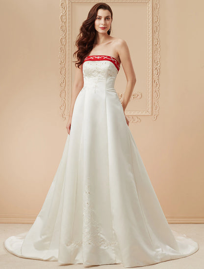 Weitese Open Back Wedding Dresses Sweep / Brush Train Ball Gown Strapless Strapless Satin With Embroidery Appliques