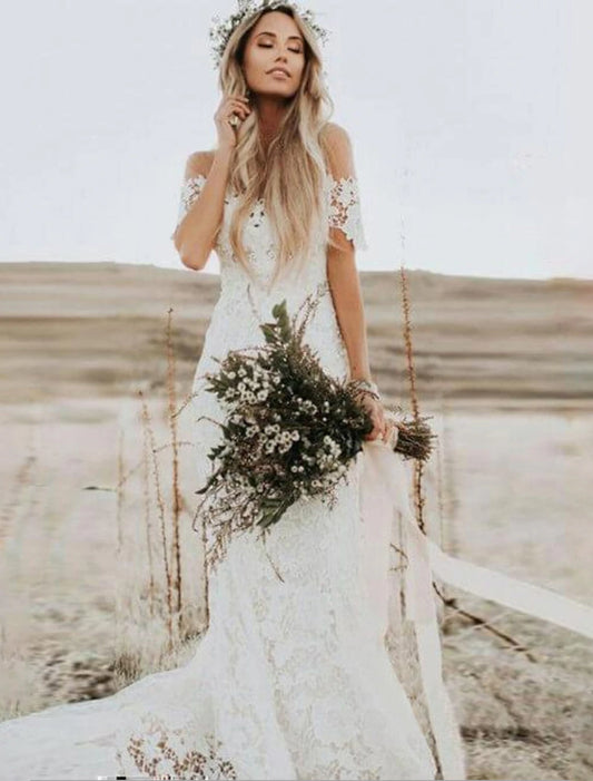 Weitese Beach Boho Wedding Dresses Mermaid / Trumpet Off Shoulder Cap Sleeve Chapel Train Lace Bridal Gowns With Appliques Solid Color