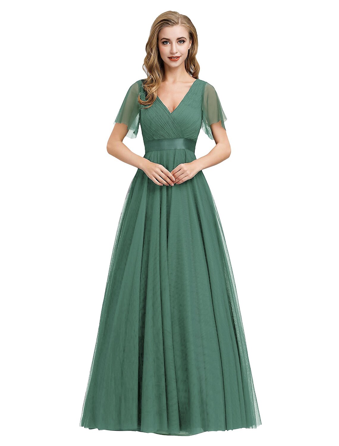 Weitese A-Line Evening Gown Empire Dress Wedding Guest Prom Floor Length Short Sleeve V Neck Bridesmaid Dress Chiffon V Back with Pleats Ruched