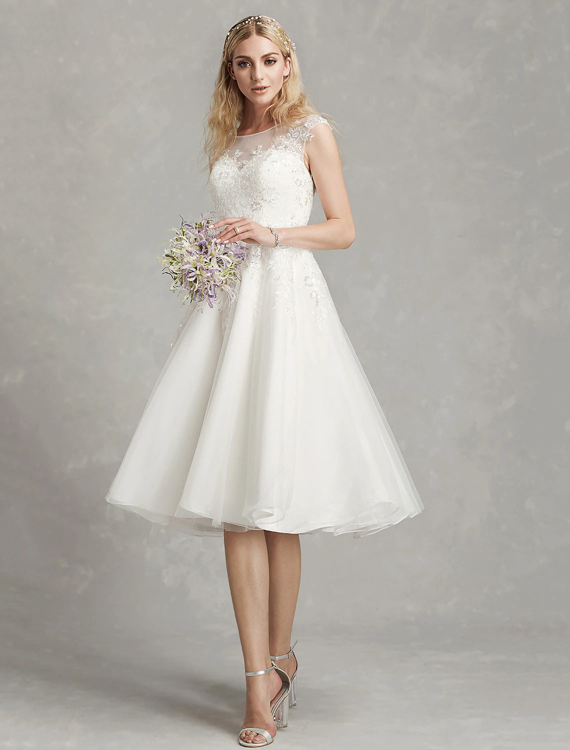 Weitese Reception Little White Dresses Wedding Dresses A-Line Illusion Neck Cap Sleeve Knee Length Lace Bridal Gowns With Appliques