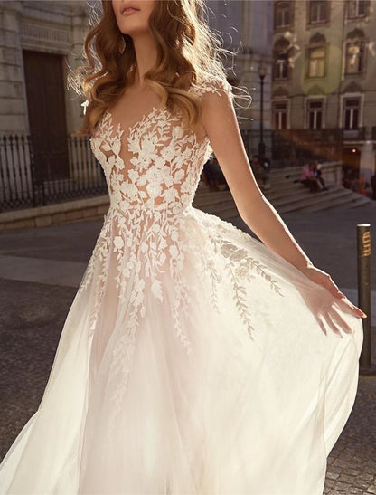 Beach Boho Wedding Dresses A-Line Boat Neck Sleeveless Floor Length Organza Bridal Gowns