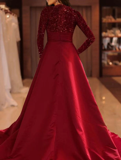 A-Line Evening Gown Sparkle Red Green Dress Formal Cocktail Party Court Train Long Sleeve High Neck Fall Wedding Guest Satin