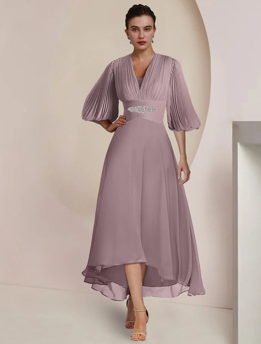 A-Line Mother of the Bride Dress Formal Wedding Guest Elegant Vintage Party V Neck Tea Length Chiffon 3/4 Length Sleeve