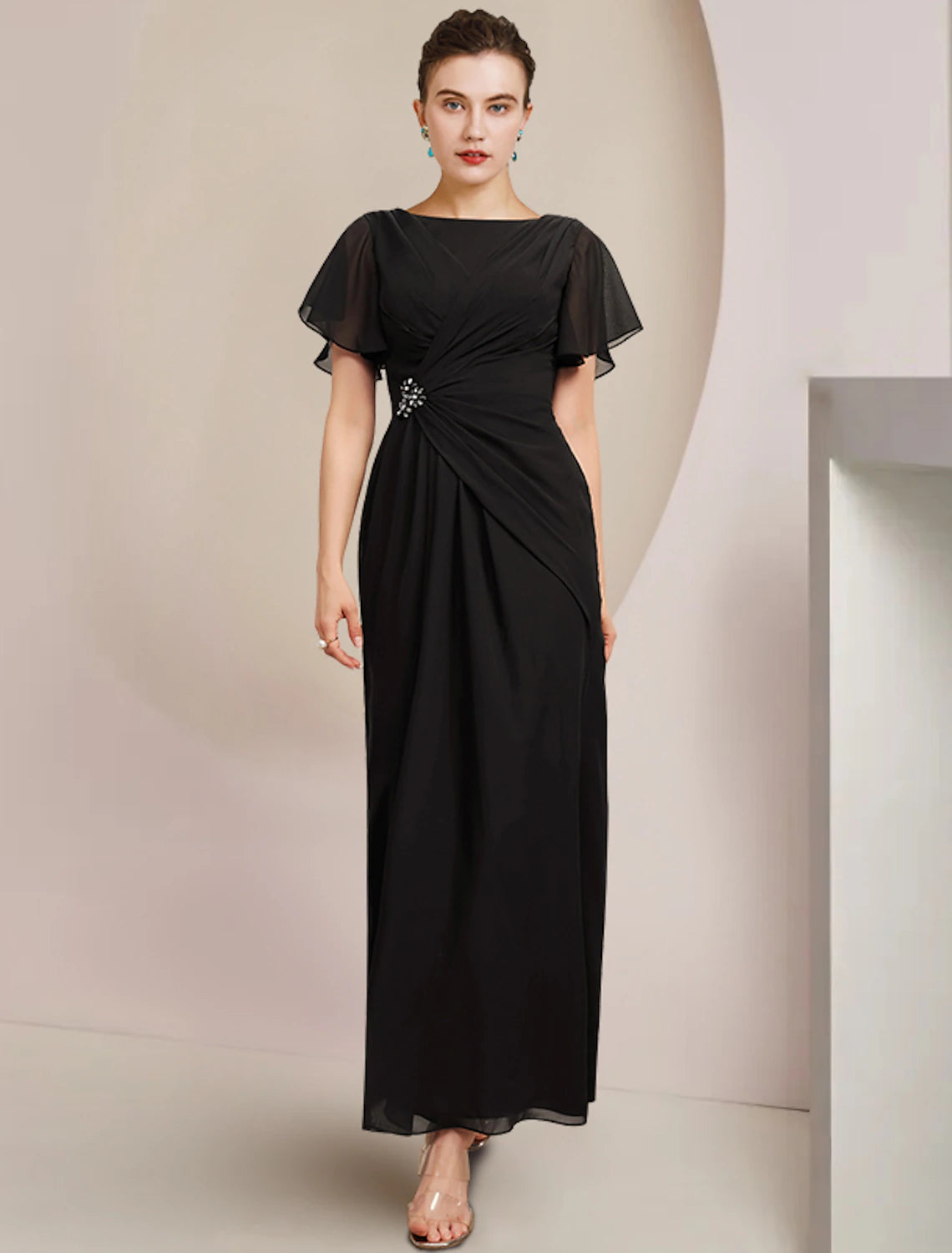 Sheath / Column Mother of the Bride Dress Wedding Guest Elegant Scoop Neck Ankle Length Chiffon Short Sleeve