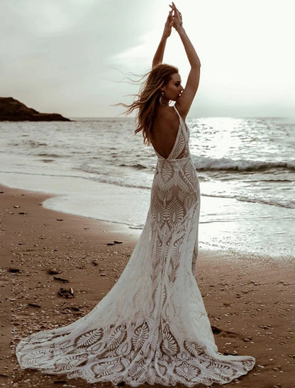 Beach Vintage Open Back Wedding Dresses Mermaid / Trumpet Camisole V Neck Sleeveless Sweep / Brush Train Chiffon Bridal Gowns