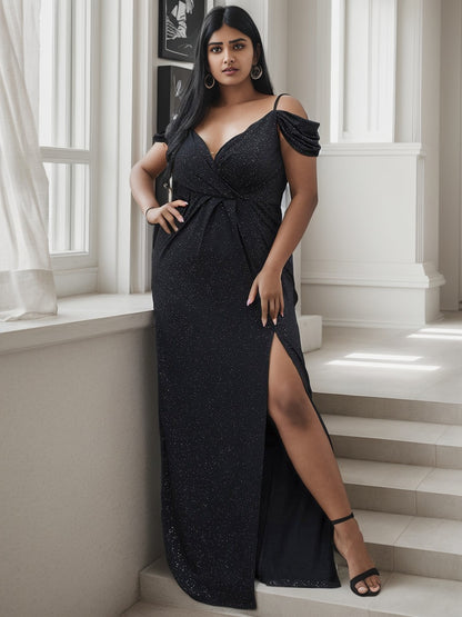 Weitese Plus Size V-Neck Cold Shoulder Floor-Length Evening Dress