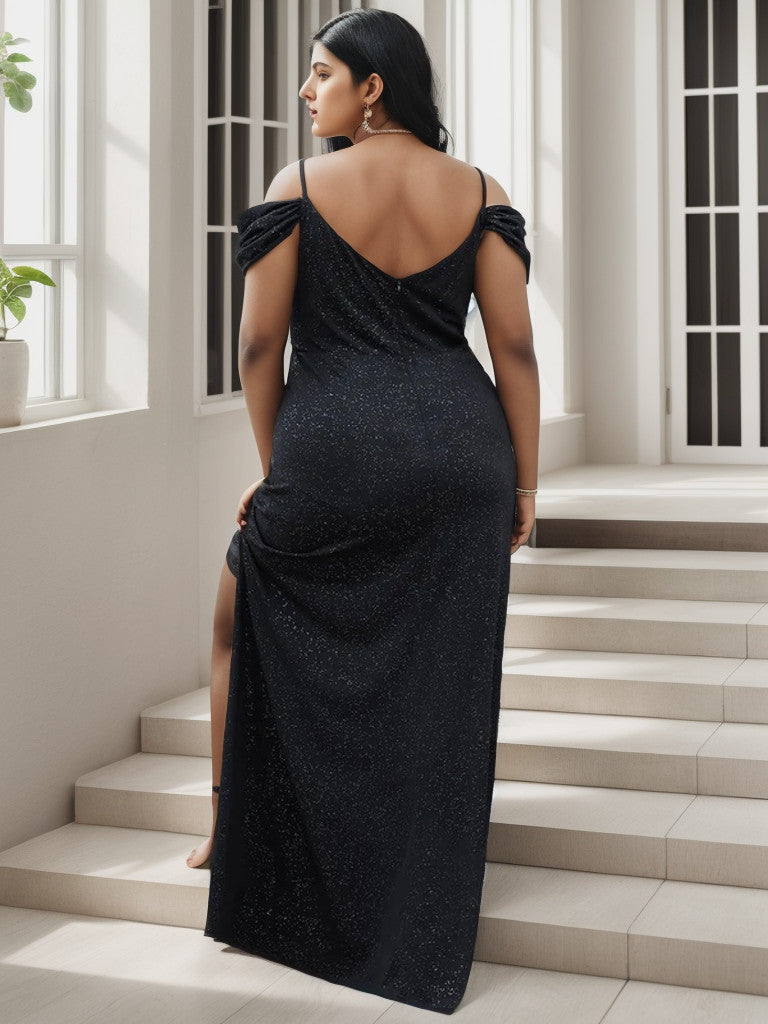 Weitese Plus Size V-Neck Cold Shoulder Floor-Length Evening Dress