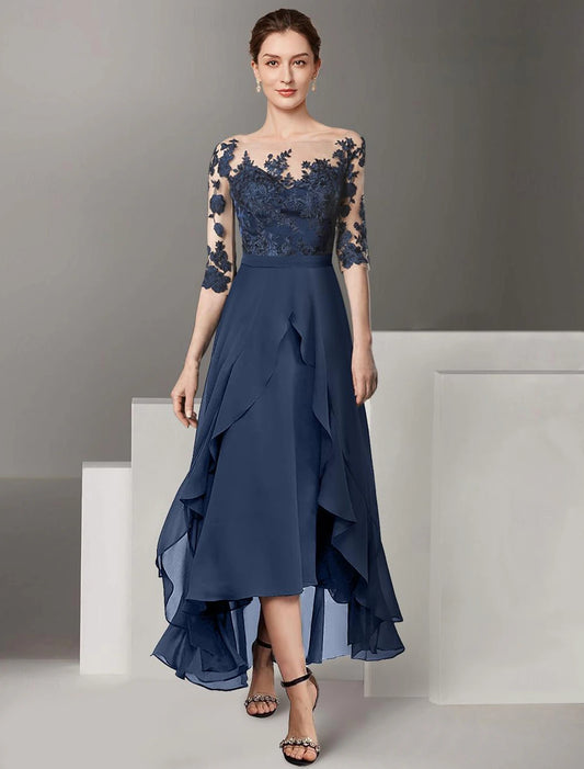 A-Line Mother of the Bride Dress Formal Wedding Guest Elegant High Low Off Shoulder Ankle Length Chiffon Lace Half Sleeve