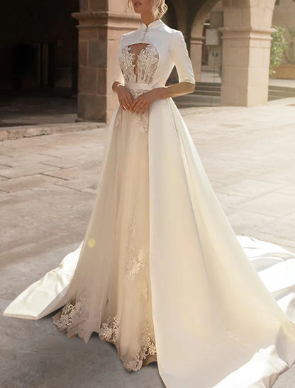 Engagement Royal Style Formal Wedding Dresses A-Line Sweetheart Half Sleeve Court Train Satin Bridal Gowns