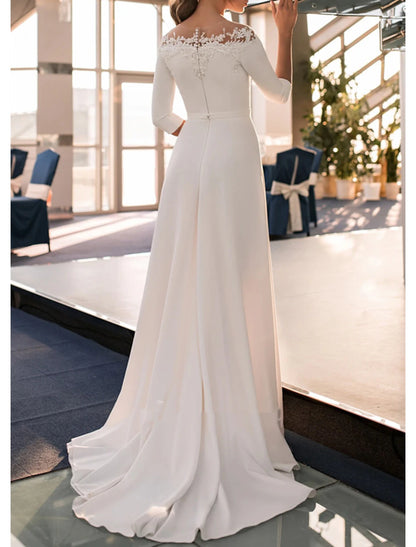 Engagement Formal Wedding Dresses A-Line Off Shoulder 3/4 Length Sleeve Sweep / Brush Train Lace Bridal Gowns