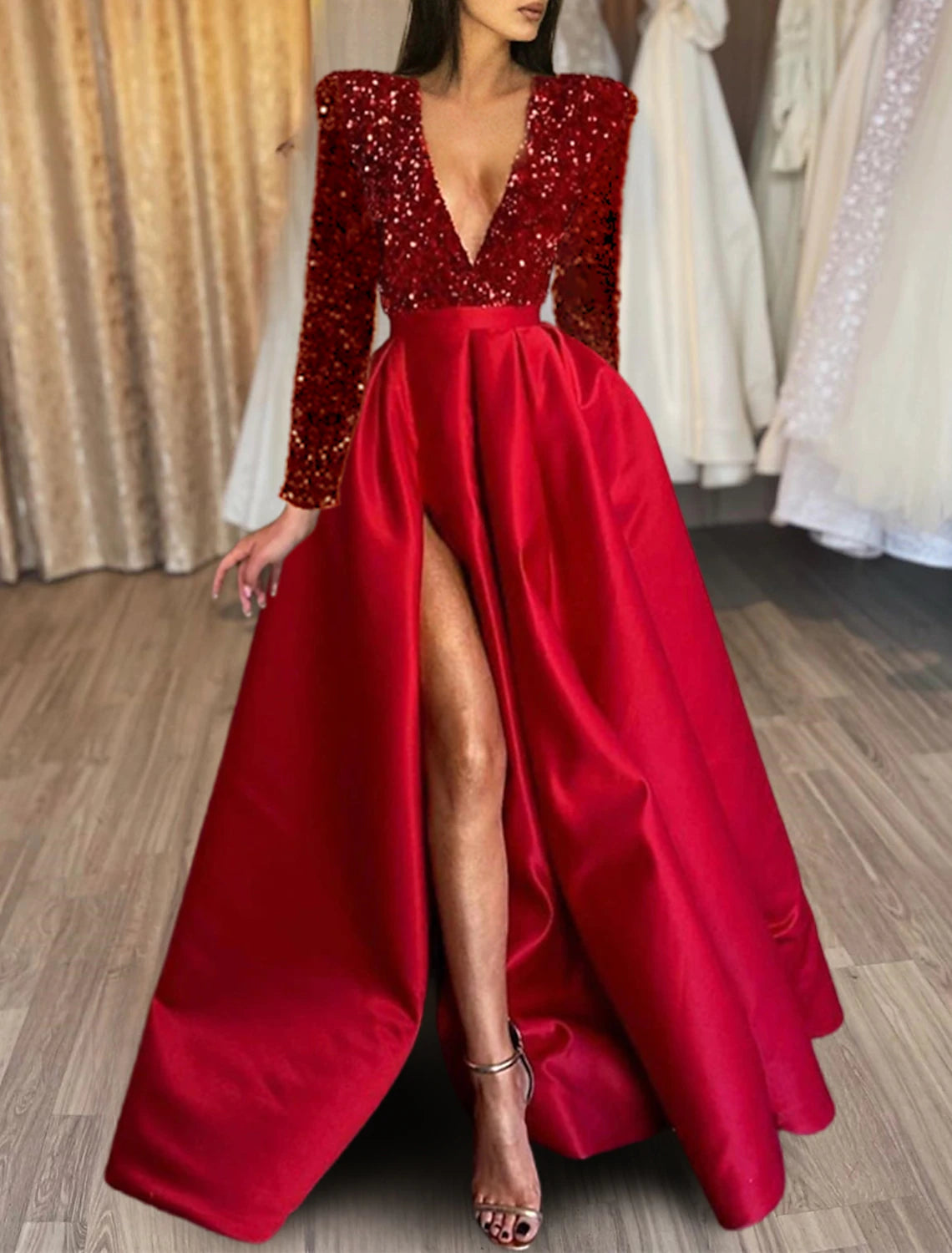 A-Line Evening Gown Red Green Dress Formal Black Dress Plus Size Wedding Court Train Half Sleeve V Neck Satin