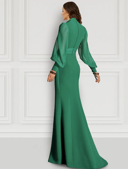 Mermaid Red Green Dress Evening Gown Elegant Dress With Bow Formal Wedding Guest Sweep / Brush Train Long Sleeve V Neck Fall Wedding Guest Chiffon