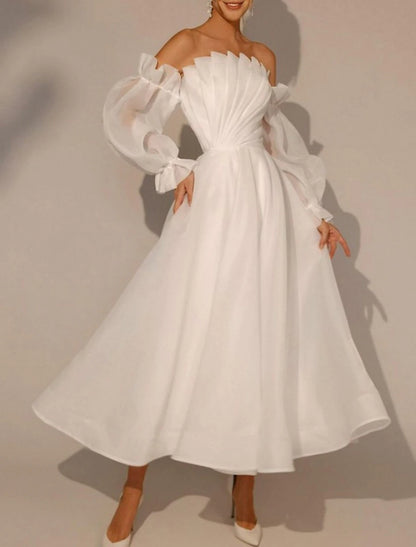 Little White Dresses Wedding Dresses A-Line Square Neck Long Sleeve Ankle Length Organza Bridal Gowns