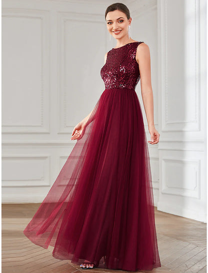 A-Line Party Dresses Elegant Dress Wedding Guest Floor Length Sleeveless Jewel Neck Tulle