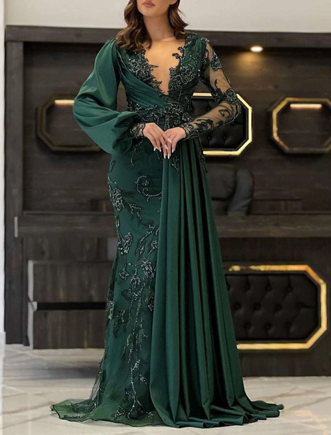 Mermaid / Trumpet Evening Gown Elegant Dress Formal Wedding Guest Floor Length Long Sleeve V Neck Fall Wedding Guest Lace