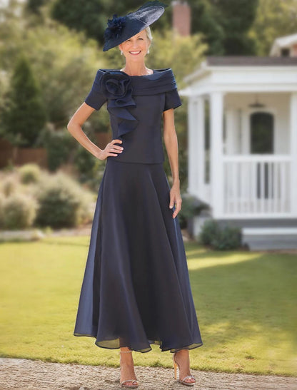 A-Line Mother of the Bride Dress Formal Blue Wedding Guest Elegant Derby Dress Petite Off Shoulder Ankle Length Organza Short Sleeve