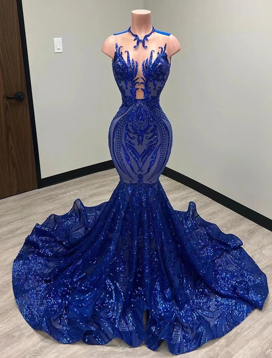 Mermaid Evening Gown Sparkle Prom Dress Carnival Formal Court Train Sleeveless Illusion Neck African American Sequined