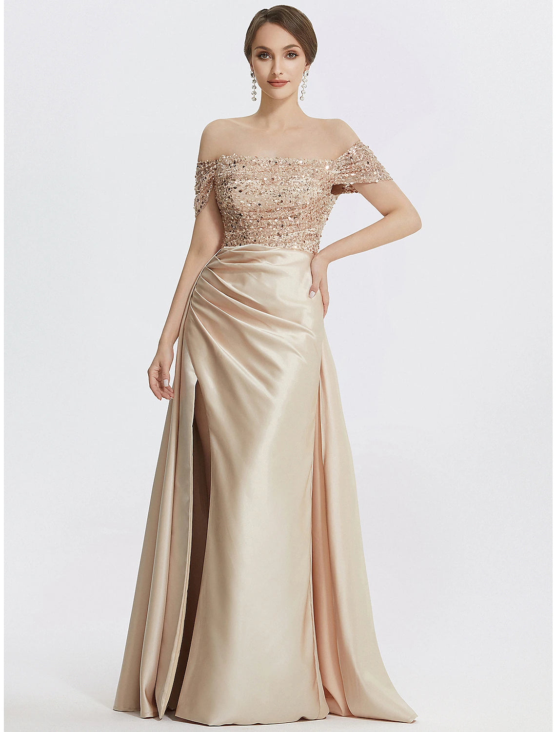 Weitese Sheath / Column Evening Gown Elegant Dress Formal Floor Length Short Sleeve Off Shoulder Sequined with Glitter Pleats Slit