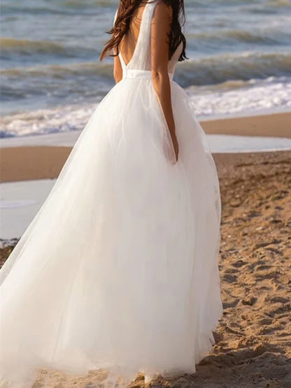 A-Line Deep V-Neck Floor-Length Tulle Wedding Dress