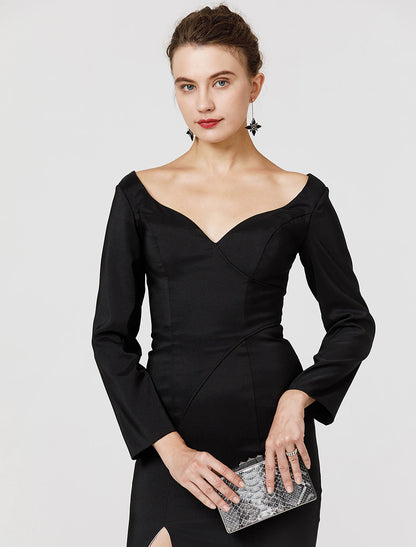 Prom Dresses Holiday Cocktail Party Sweep / Brush Train Long Sleeve V Neck Stretch Satin with Split Front