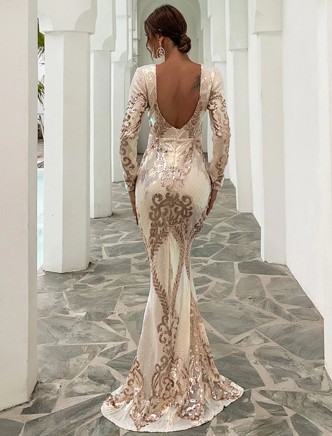 Weitese Mermaid / Trumpet Evening Gown Sparkle & Shine Dress Formal Wedding Guest Sweep / Brush Train Long Sleeve Jewel Neck Polyester Backless with Sequin