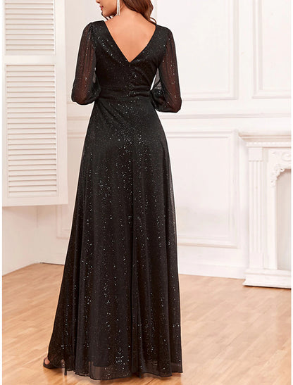 Weitese Women's Black Dress Prom Dress Party Dress Long Dress Maxi Dress Black Long Sleeve Dot Sparkly Spring Fall Winter V Neck Fashion Winter Dress Wedding Guest Evening Party