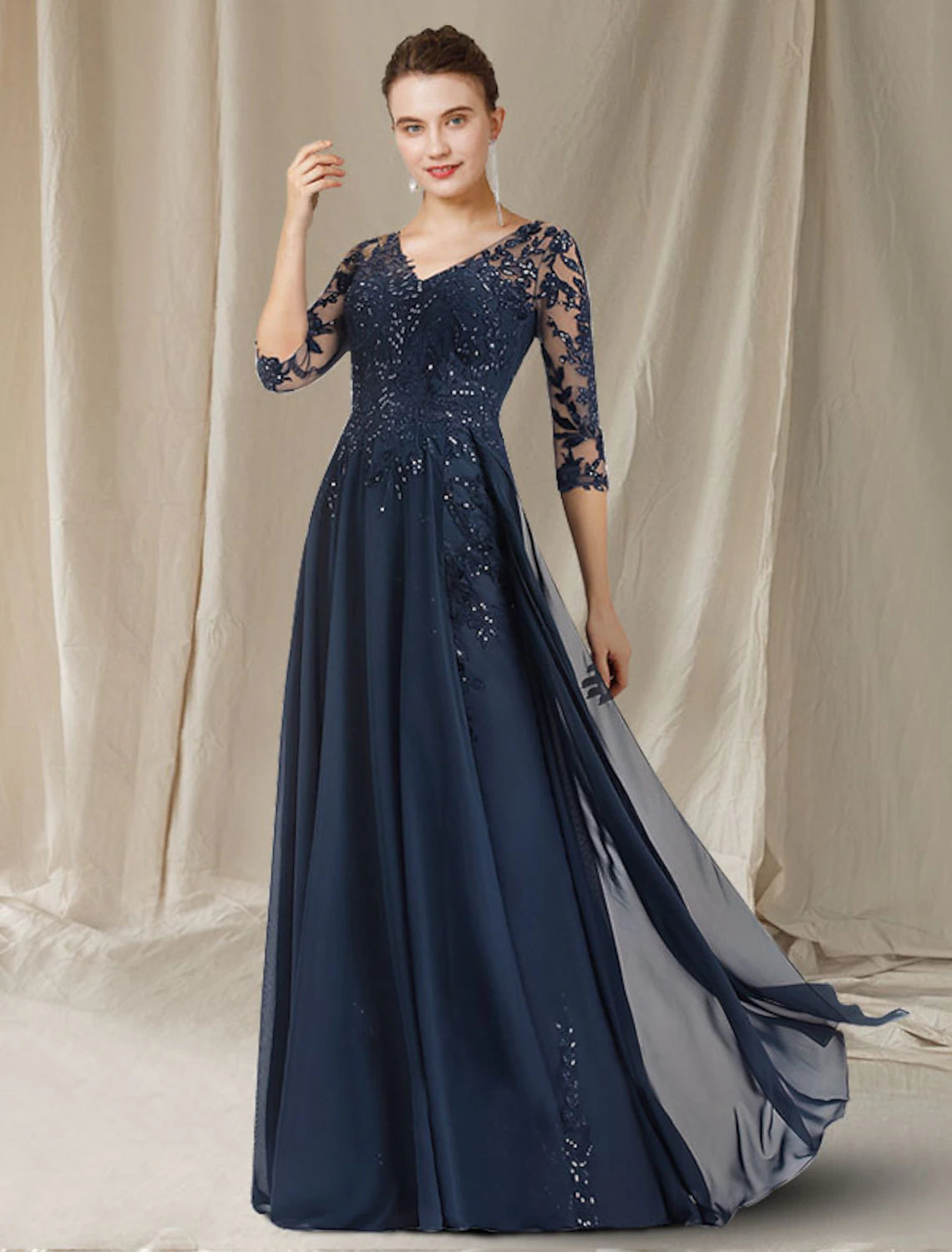 Weitese A-Line Mother of the Bride Dress Elegant V Neck Floor Length Chiffon Lace Sequined Half Sleeve with Sequin Appliques