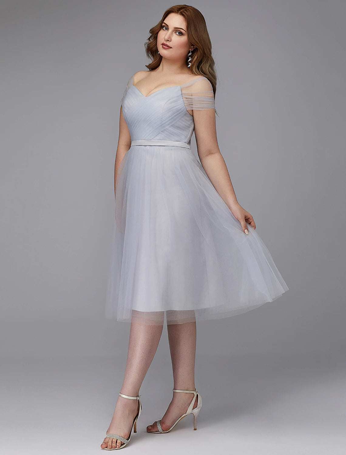 Weitese A-Line Elegant Dress Wedding Guest Cocktail Party Tea Length Short Sleeve Off Shoulder Tulle with Sash / Ribbon Criss Cross