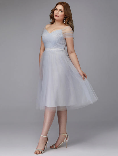 Weitese A-Line Elegant Dress Wedding Guest Cocktail Party Tea Length Short Sleeve Off Shoulder Tulle with Sash / Ribbon Criss Cross